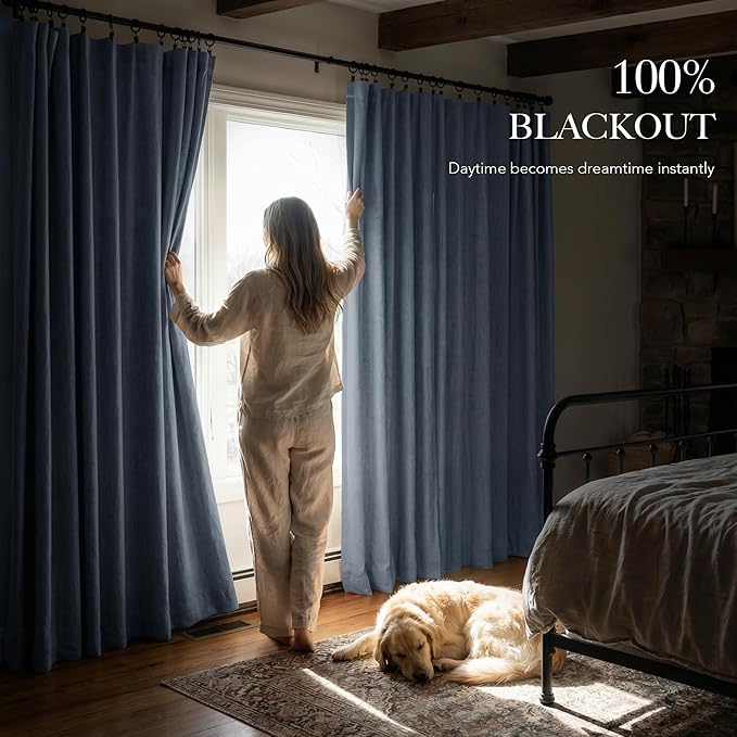 RYB HOME Smoky Blue Linen 100% Blackout Curtains for Bedroom 52 Width 120 Long, Thich Elegant Extra Long Drapes for Modern/Vintage/Farmhouse Home Decor, Thermal Insulated Window Treatment, 2 Panels