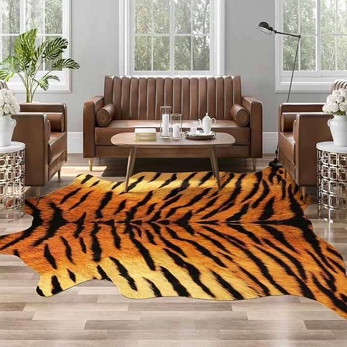 AROGAN Premium Tiger Print Rug 6.2x7 Feet, Machine Washable Faux Fur Rug, Non-Slip Animal Print Hide Tiger Skin Area Rug for Bedroom Living Room Home Decor