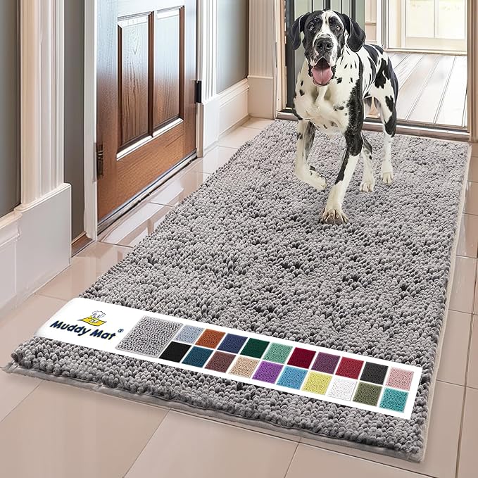Muddy Mat® | Super Absorbent Door Mat Indoor, Microfiber Quick Dry Chenille Entryway Rug, Non-Slip Front Door Mat, Indoor Mats for Entryway, Machine Washable Pet Rug, Grey 3ft x 8ft