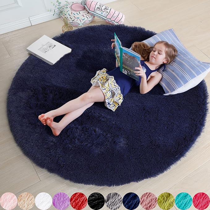 Dark Navy Round Rugs 5Ft for Teen Boys Bedroom, Circular Fluffy Shag Fuzzy Plush Circle Area Rug for Kids Room, Living Room Decor Aesthetic, Indigo Furry Cool Dark Blue Carpet for Dorm Baby Nursery