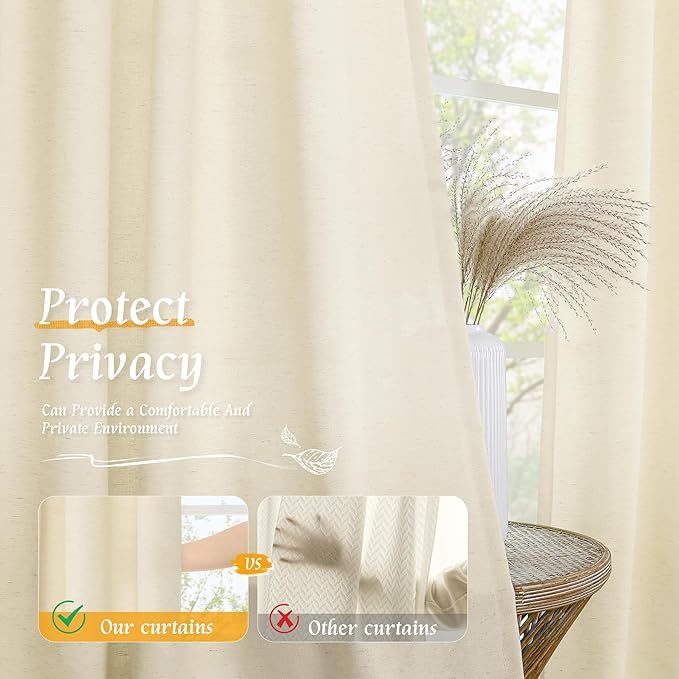 LAMIT Light Beige Linen Curtains 63 inch Length for Bedroom, Soft Semi Sheer Light Filtering Window Treatments Rod Pocket Drapes for Living Room/Small Window, 2 Panels Set, 42 x 63 Inch
