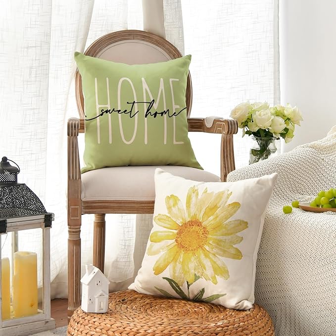 AVOIN colorlife Home Sweet Home Spring Summer Flowers Green Throw Pillow Covers, 20 x 20 Inch Cushion Case for Sofa Couch Set of 4