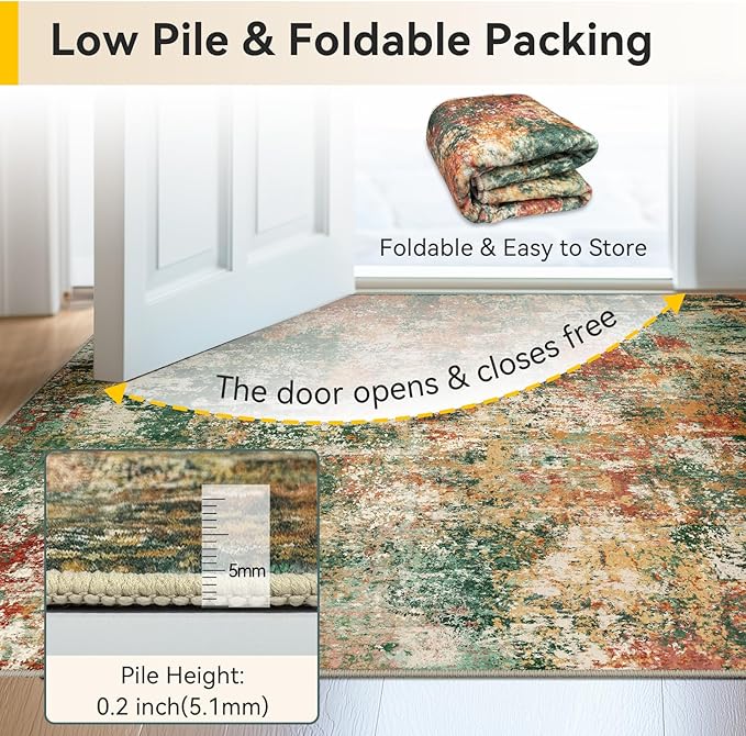 Washable Area Rugs 7'x9' Non-Slip Modern Abstract Soft for Living Room Entryway Bedroom Nursery, Print Pattern, Green Orange Rust Red Cream Colorful
