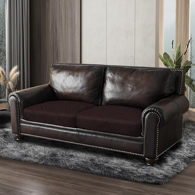 Leather Look Couch Cushion Covers Sofa Seat Slipcovers Sets Couches Furniture Protector for Sectional Armchair Loveseat Pets Kids Stretch Spandex Fabric (2 Cushion Loveseat, Chocolate)