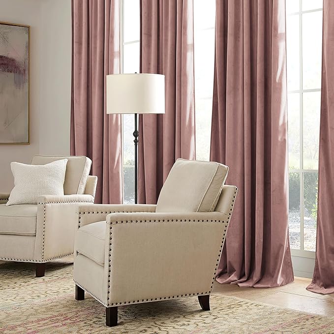 RYB HOME Dusty Pink Velvet Curtains 102 inches with Hook Belt, Soft Fabric Room Darkening Thermal Insulated Luxurious Home Decor Curtains for Living Room Bedroom, W 52" x L 102", 2 Panels Set