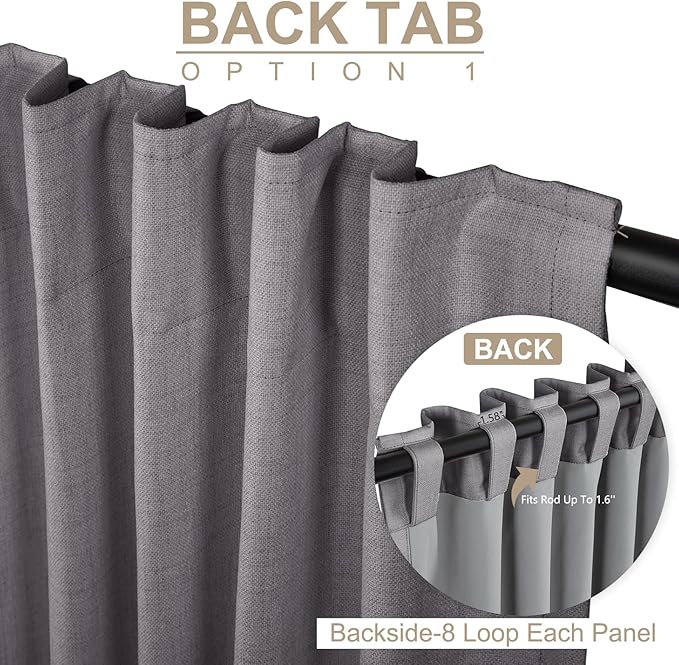 100% Blackout Shield Linen Blackout Curtains for Bedroom 108 Inches Long, Back Tab/Rod Pocket Living Room Drapes, Thermal Insulated Blackout Curtains 2 Panels Set, 50" W x 108" L, Darkgray