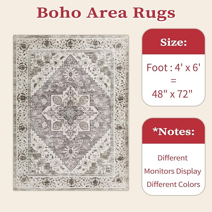 SERISSA Area Rug 4x6 Boho Rugs for Bedroom, Vintage Washable Non Slip Rug, Ultra Soft Print Distressed Low-Pile Throw Rug Earth Tone Carpet for Nursery Dorm Kitchen Living Room Decor