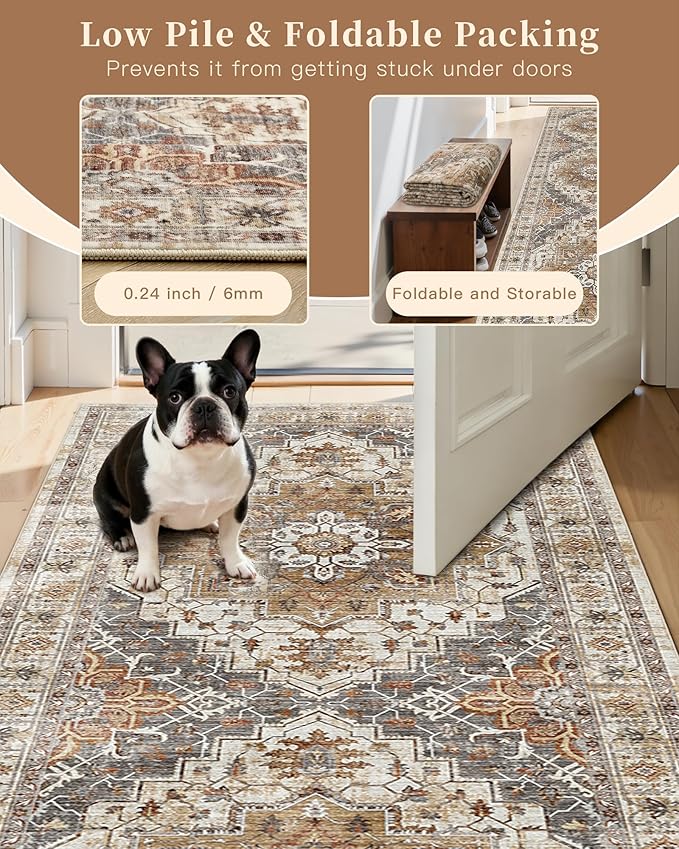 Madane Runner Rugs for Hallway 2x10 Long Washable Non-Slip Hallway Runner Rug Low-Pile Stair Kitchen Runner Throw Carpet for Entrance Living Dining Laundry Room (Turmeric/Grey, 2 x 10)