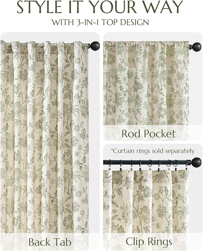 jinchan Lined Linen Floral Curtains for Living Room, 84 Inch Length Printed Flower Farmhouse Patterned French Country Back Tab Green Window Drapes Set Privacy Bedroom Curtains, 2 Panels