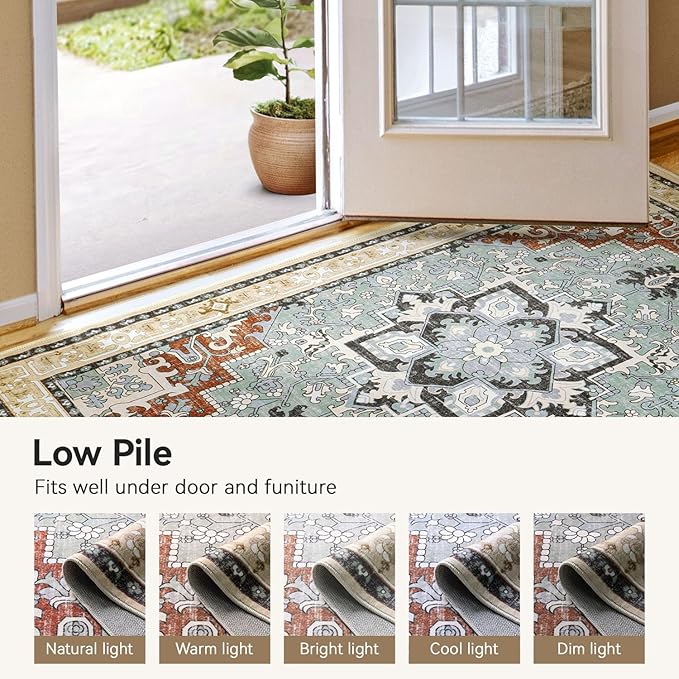 Lofus 9x12 Area Rugs for Living Room, Machine Washable Area Rug, Soft Large Rugs for Bedroom, Kitchen, Office and Indoor, Vintage Boho Carpet, Non-Slip Low Pile Carpets, Beige Orange