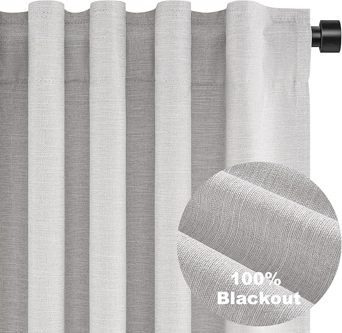 Topfinel 100% Blackout Curtains 90 Inches Long for Living Room 2 Panels Set Thick Linen Texture Energy Saving Curtain Window Coverings Hook Belt Pleated Drapes Aesthetic Bedroom(W40 xL90,Grey Beige)