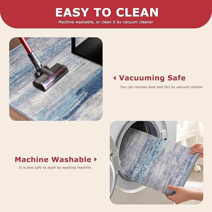 KOZYFLY Modern Abstract Washable Rug Runner 2.6x14 Hallway Rug Runner Non-Slip Soft Kitchen Runner Rugs, Blue/Grey/Beige Striped Carpet for Entryway Bathroom Laundry Room Foyer