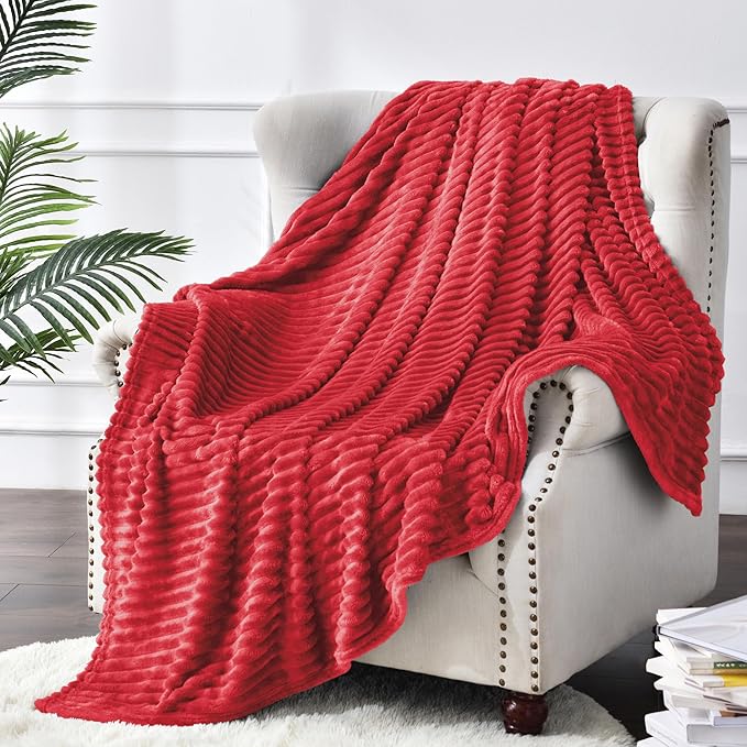 BEDELITE Fleece Blanket Twin Size – 3D Ribbed Jacquard Soft and Warm Decorative Fuzzy Blankets – Cozy, Fluffy, Plush Lightweight Throw Blankets for Couch, Bed, Sofa(Red, 60x80 inches)
