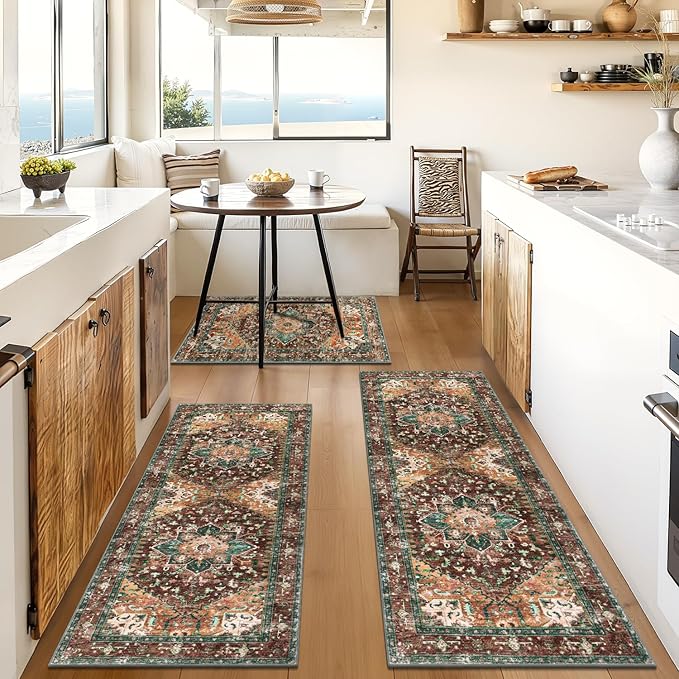 Yamaziot Washable Kitchen Runner Rug Set of 3, Non-Slip Boho Vintage Hallway Rug Runner with Rubber Backing, Stain Resistant & Low Pile Distressed Carpet Runner for Bedroom, Kitchen, Laundry, Entrance