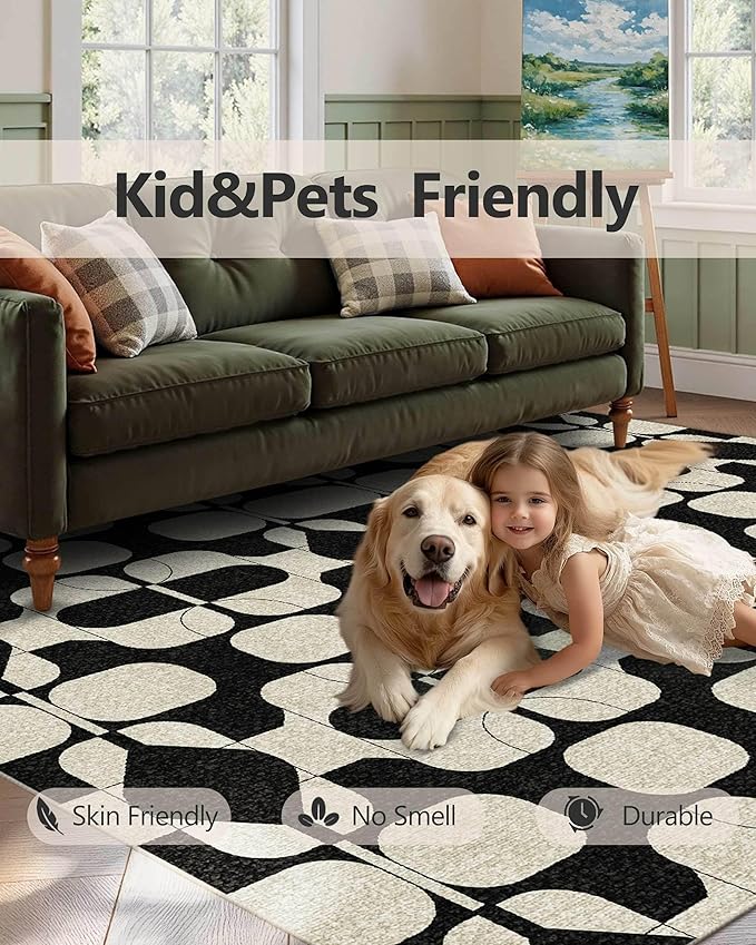 Latte&Fog 5x7 Area Rugs for Living Room Bedroom, Black Vintage Washable Rug, Boho Non Slip Low Pile Carpet for Dining Room, Dorm, Classroom, College Dorm, Farmhouse and Home Office - Black Beige