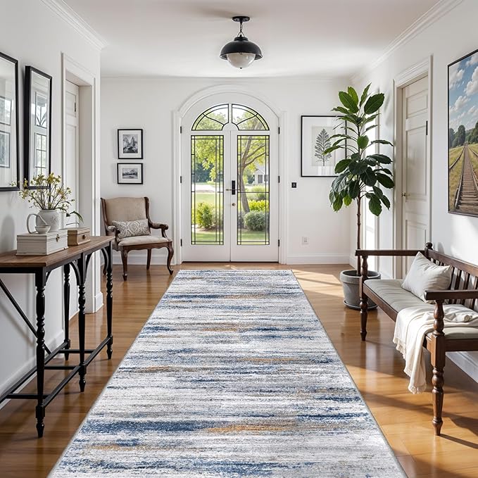 Large Runner Rugs for Hallway 4x20: Non-Slip Washable Wide Carpet - Soft Low-Pile Stain and Spill Resistant Rug for Entryway Living Room Dining Room Balcony Garage Office Navy Grey