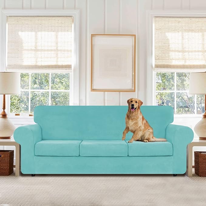 WEERRW 4 Pieces Velvet High Stretch Couch Covers for 3 Cushion Couch Sofa Slipcovers, Washable Furniture Protector with Non Slip Elastic Bottom, Feature Soft and Thick Plush Fabric, Aqua, Large