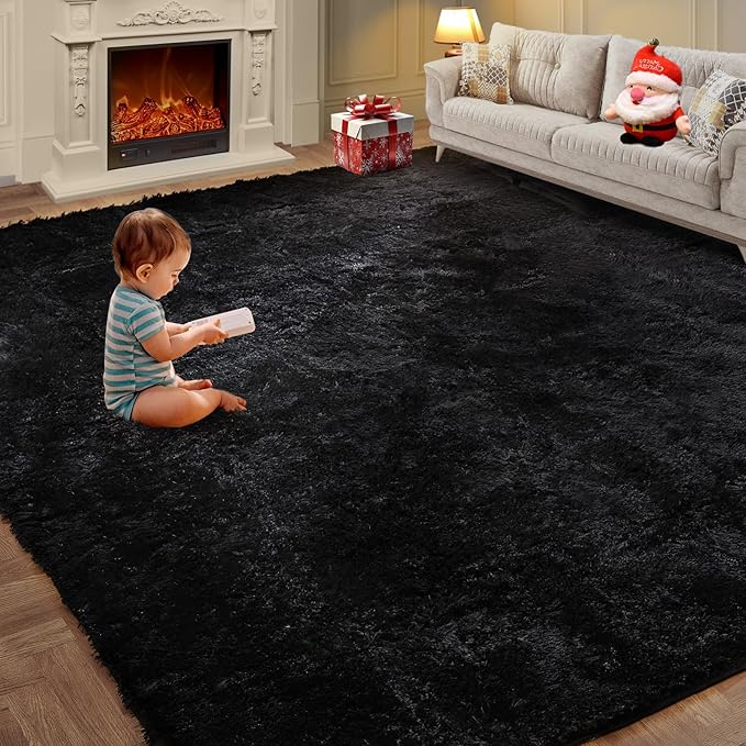 8x10 Feet Large Area Rug, Shag Fluffy Bedroom Carpet, Soft Rugs for Nursery, Furry Rugs for Girls Boys Kids Room, Extra Large Fuzzy Rug, Shag Carpet, Black