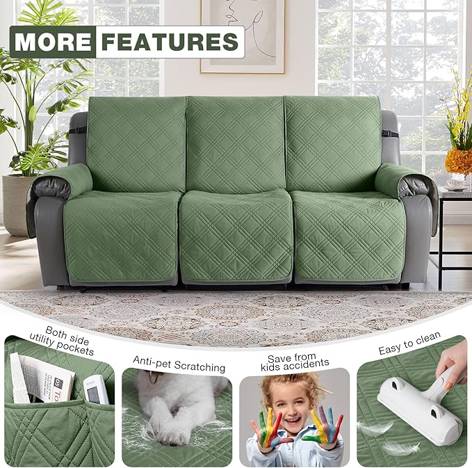 TAOCOCO 100% Waterproof Recliner Sofa Cover, Non Slip Split Couch Covers for Reclining Couches with Elastic Strap, Washable Reclining Sofa Cover Furniture Protector for Kids Pets(3 Seater, Bean Green)