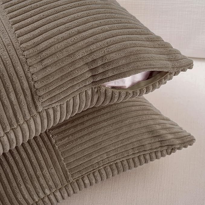 Fancy Homi Set of 2, Light Brown Patchwork Corduroy Decorative Soft Striped Modern Accent Cushion Case Farmhouse Boho Neutral Throw Pillow Covers for Chair Couch Bed Sofa Living Room 18x18 Inch