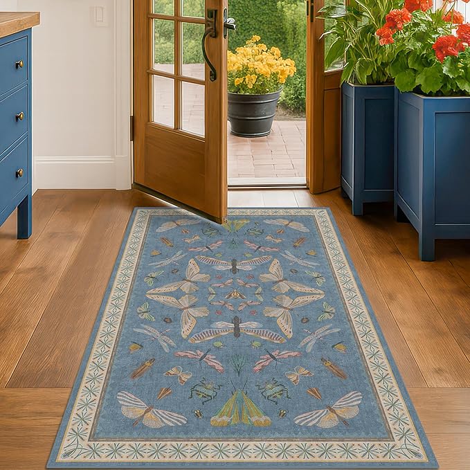 Hazo Haus Washable Blue Rugs for Bedroom Bedside - 3x4 Area Rug for Large Kitchen, Entrance Indoor, Boho Insect Print Bug Décor, Non Slip Low Pile Fade Resistant