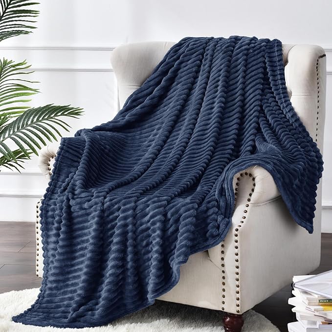 BEDELITE Fleece Throw Blanket for Couch – 3D Ribbed Jacquard Soft and Warm Decorative Fuzzy Blanket – Cozy, Fluffy, Plush Lightweight Navy Throw Blankets for Bed, Sofa, 50x70 inches