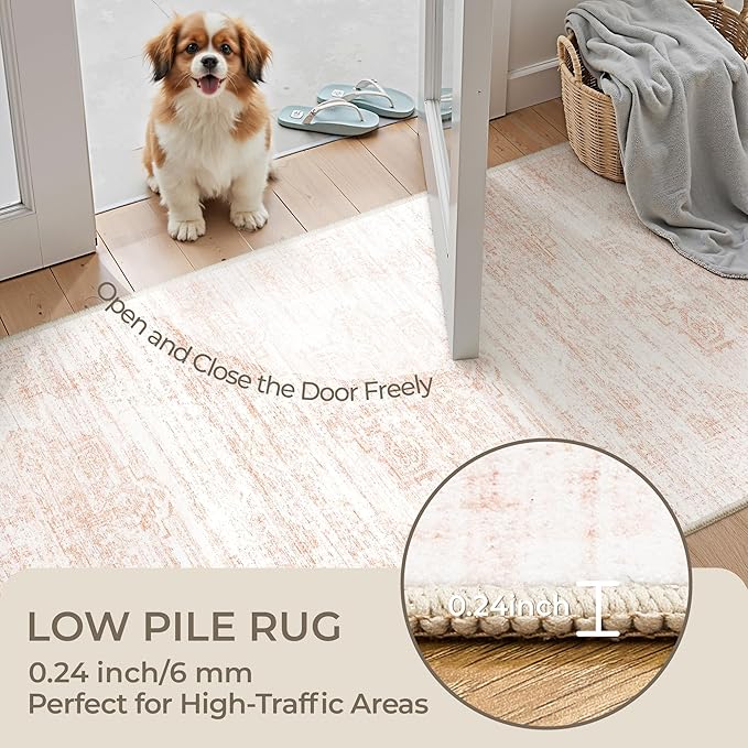 2x12 Runner Rug, Long Hallway Rugs for Dining Room, Living Room, Bedroom, Machine Washable Kitchen Carpet Runner with Rubber Backing, Soft Low Pile Indoor Rug(2'x12', Pink/White)