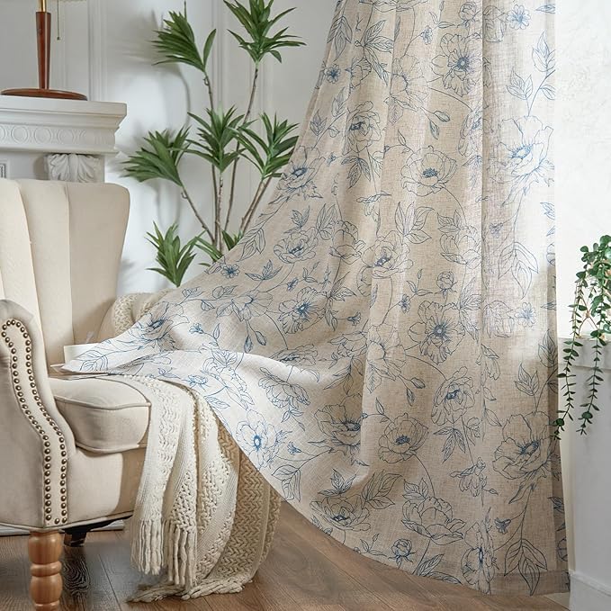 jinchan Floral Linen Curtains for Living Room 63 Inch Length Blue Flower Curtain Rod Pocket Back Tab Farmhouse Curtains with Printed Floral Bedroom Window Curtain Set, 2 Panels Blue