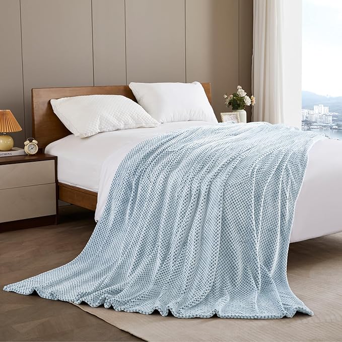 Exclusivo Mezcla Fleece Throw Blanket Extra Large, Super Soft and Warm Blankets for Couch, Sofa and Bed Waffle Textured, Cozy, Fuzzy and Lightweight (Heather Slate Blue, 50x70 Inches)