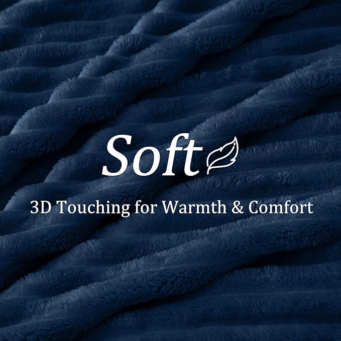 BEDELITE Fleece Throw Blanket for Couch - 300GSM Soft & Warm Fluffy Navy Blanket, Decorative and Giftable Striped Blankets for Women, Men, 50"x60"