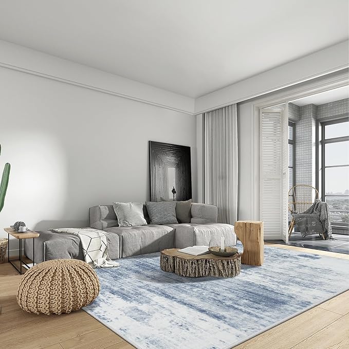 5x7 Area Rugs Washable Rug: Modern Abstract Living Room Rug Soft Anti-Skid Thin Carpet Indoor Floor Non-Shedding Carpets for Bedroom Dining Room Farmhouse Nursery Home Office - Blue White