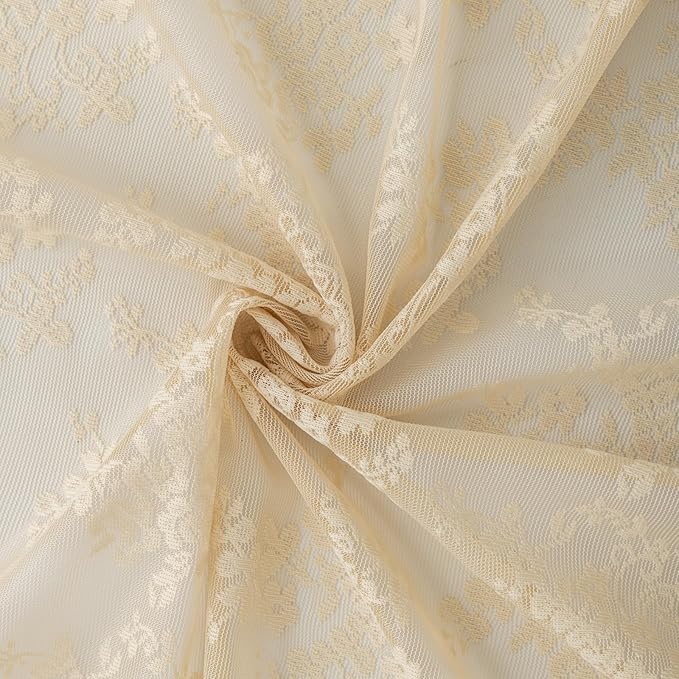 YJ YANJUN Vintage Lace Curtains 63 Inch Length Antique Chic Floral Beige Sheer Curtain Panels with Scalloped Edges for Bedroom Dining Room Rod Pocket French Country Crochet Drapes W52 X L63 2 Panels