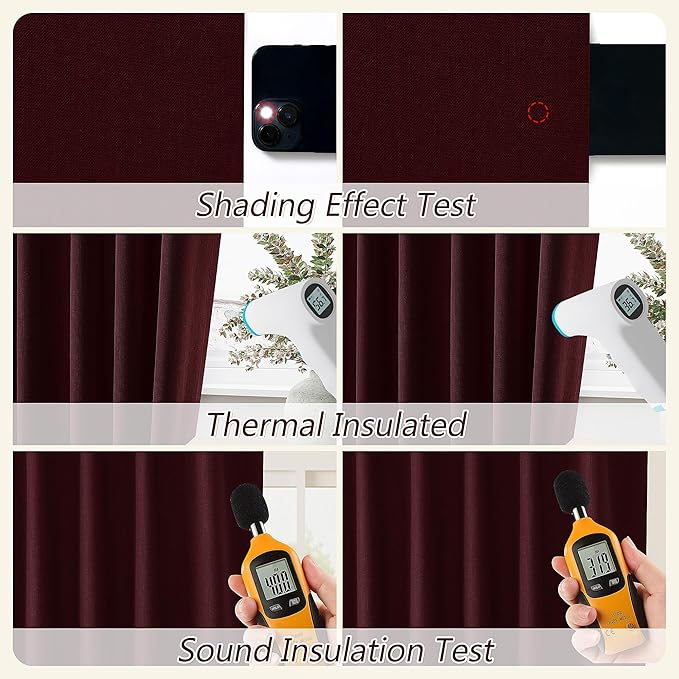 Guken 100% Blackout Curtains 63 Inch Length 2 Panels Set for Living Room Bedroom Back Tab Thermal Insulated Black Out Linen Drapes Room Darkening Window Curtains 63 Inches Long,Burgundy