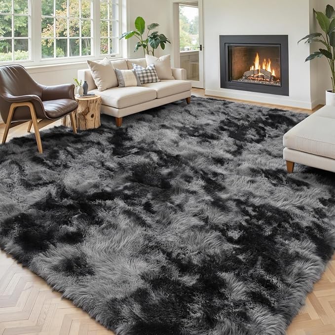 Area Rugs 9x12 Living Room, Large Area Rug Shag Shaggy Carpet Soft Plush Furry Bedside Rug, Machine Washable Area Rugs for Bedroom Kids Girls Boys Anti Slip(9 x 12, Dark Grey Tie-Dyed)