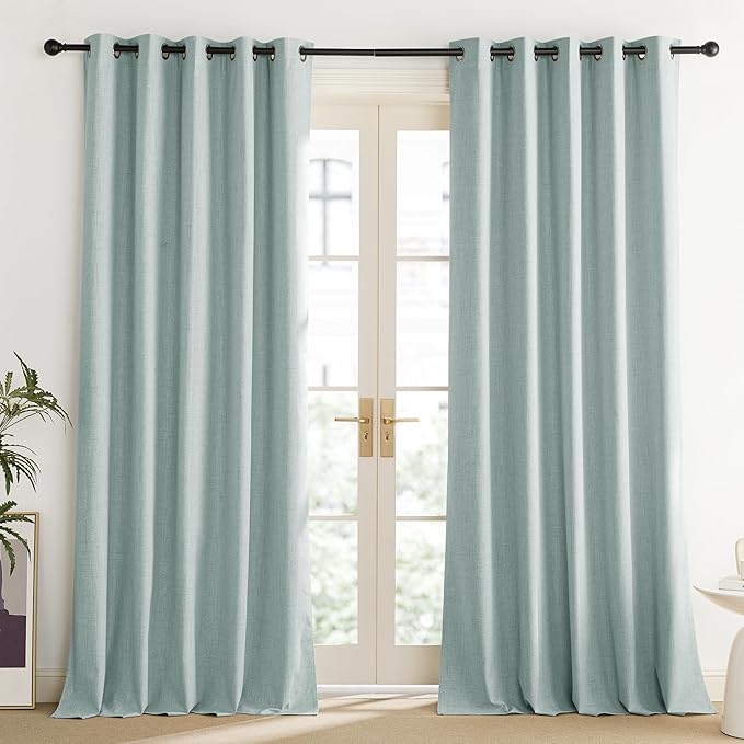 NICETOWN 100% Absolutely Blackout Linen Curtains with Thermal Insulated Liner, Seafoam Green, 62" Wide, 90" Length Energy Saving Curtains for Living Room 2 Panels Set, Vertical Blinds