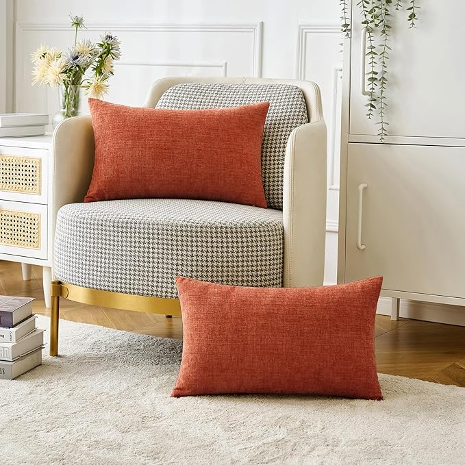 MIULEE Pack of 2 Couch Throw Pillow Covers 12x20 Inch Soft Burnt Orange Chenille Lumbar Pillow Covers for Sofa Living Room Solid Dyed Cases