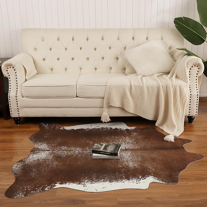 AROGAN 8×10 Feet Western Decor Faux Fur Cowhide Rug, Premium Animal Skin Cow Hide Rug, Sturdy Cow Print Rugs for Wall Decor, Western Floor Carpet for Bedroom Living Room, Dark Brown