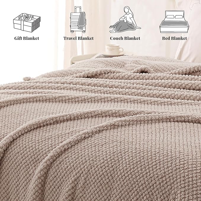 Whale Flotilla Queen Size Fuzzy Fleece Blanket for Bed, 90x90 Inch Fluffy Warm Soft Jacquard Blankets for All Season, Lightweight and Cozy, Camel