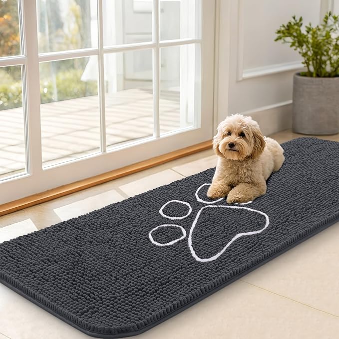 OLANLY Dog Door Mat for Muddy Paws 59x20, Paw Print Design, Absorbs Moisture and Dirt, Absorbent Non-Slip Washable Doormat, Quick Dry Chenille Mud Mat for Dogs, Entry Indoor Entryway Carpet, Dark Grey