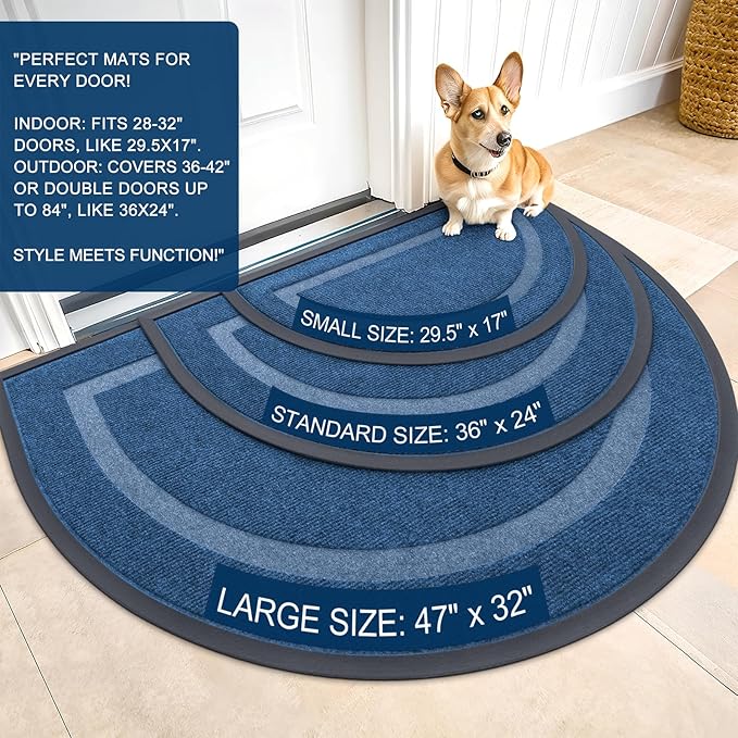 OLANLY Half Circle Door Mat Indoor Outdoor Entrance Welcome, Waterproof All-Season, All-Weather Doormat, Sturdy Natural Rubber, Low Profile, Easy Clean Patio Porch Entryway Mat, 58x23, Light Blue