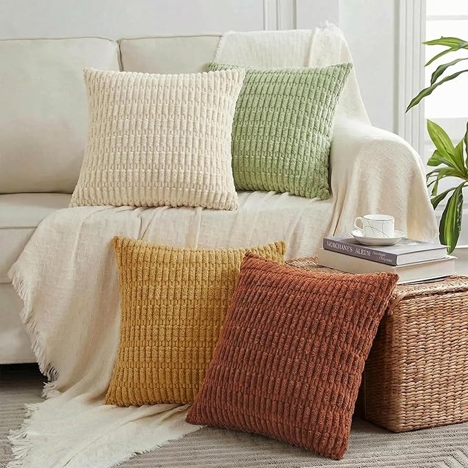 Fancy Homi 4 Packs Boho Fall Euro Decorative Throw Pillow Covers 26x26 Inch for Living Room Couch Bed, Rustic Farmhouse Home Decor, Soft Plush Striped Corduroy Square Colorful Cushion Case 66x66 cm