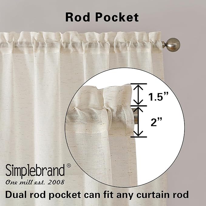 Simplebrand Natural Linen Textured Sheer Curtains 63 Inch Length 2 Panels, Rod Pocket Solid Color Window Sheer Curtain Panels, Elegant Curtains & Drapes for Living Room, Bedroom (40" W x 63" L)