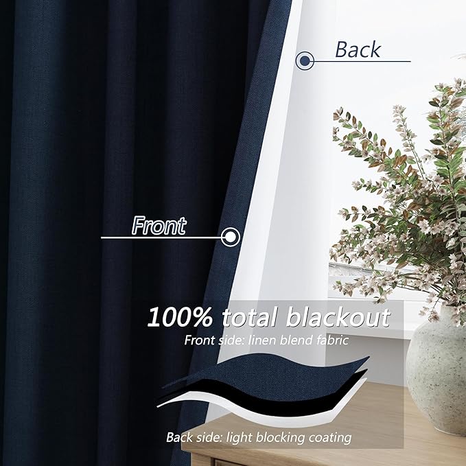 Guken Navy Blue 100% Blackout Curtains 120 Inch Length 2 Panels Set for Living Room Bedroom Back Tab Thermal Insulated Black Out Linen Drapes Room Darkening Window Curtains 120 Inches Long