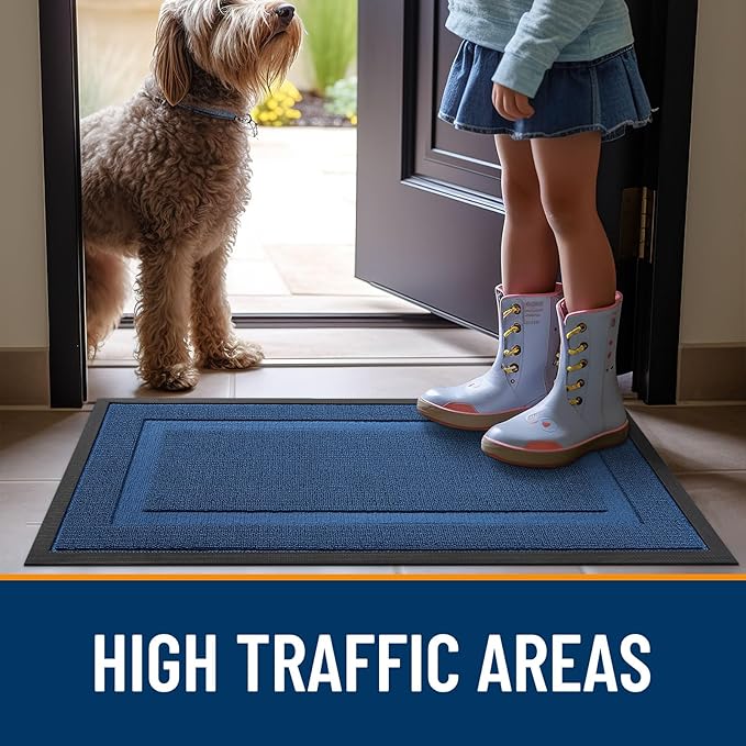 OLANLY Front Door Mat Indoor Outdoor Entrance, Waterproof All-Season, All-Weather Doormat, Sturdy Natural Rubber, Low Profile, Easy Clean Patio Porch Entryway Mat, 71x23, Navy Blue