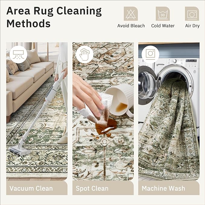 Soalmost Washable Area Rug 8x10, Large Soft Rugs for Living Room Farmhouse Vintage Area Rugs for Bedroom Dining Room Non-Slip Stain Resistant Under Table Rug Olive Beige
