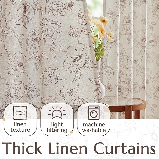 jinchan Floral Linen Curtains for Living Room 84 Inch Length Brown Flower Curtain Rod Pocket Back Tab Farmhouse Curtains with Printed Floral Bedroom Window Curtain Set, 2 Panels Brown
