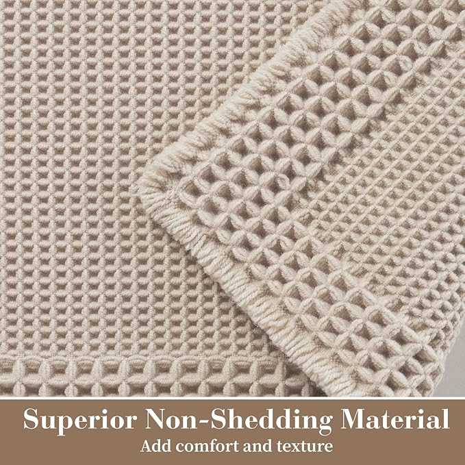 RESARE Waffle Bath Mat, Super Absorbent Non Slip, Machine Washable, Ultra Soft Boho Bath Rugs with Tassels, Upgraded Bordered Design, 17"x24" Pale Beige