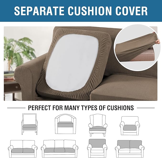 H.VERSAILTEX 4 Piece Stretch Sofa Covers for 3 Cushion Couch Covers for Living Room Furniture Slipcovers (Base Cover Plus 3 Seat Cushion Covers) Upgraded Thicker Jacquard Fabric (Sofa, Macchiato)