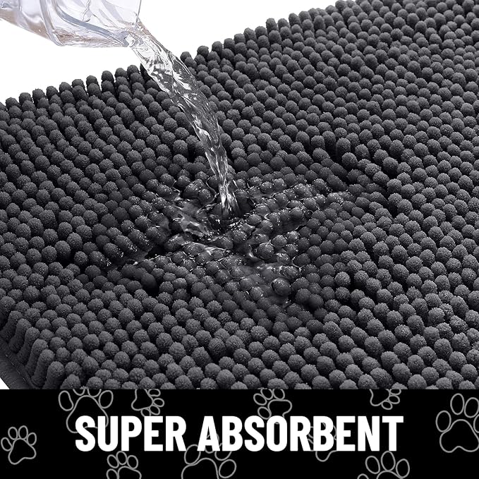 Smiry Dog Door Mat for Muddy Paws, Absorbent Dirt Trapper Non Slip Quick Dry Washable Chenille Mat for Mud Dogs, Entry Rug for Indoor and Outdoor (40x24 Inches, Dark Grey and White)