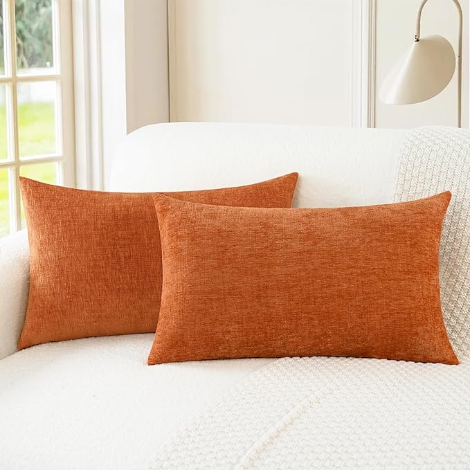 CaliTime Fall Throw Pillow Covers Decorative 16 X 26 Inches Pack of 2 Cozy Chenille Cushion Cases for Couch Sofa Bed Living Room Home Burnt Orange